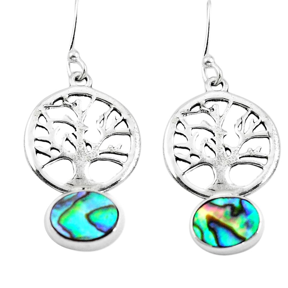 Natural green abalone paua seashell 925 silver tree of life earrings d29628