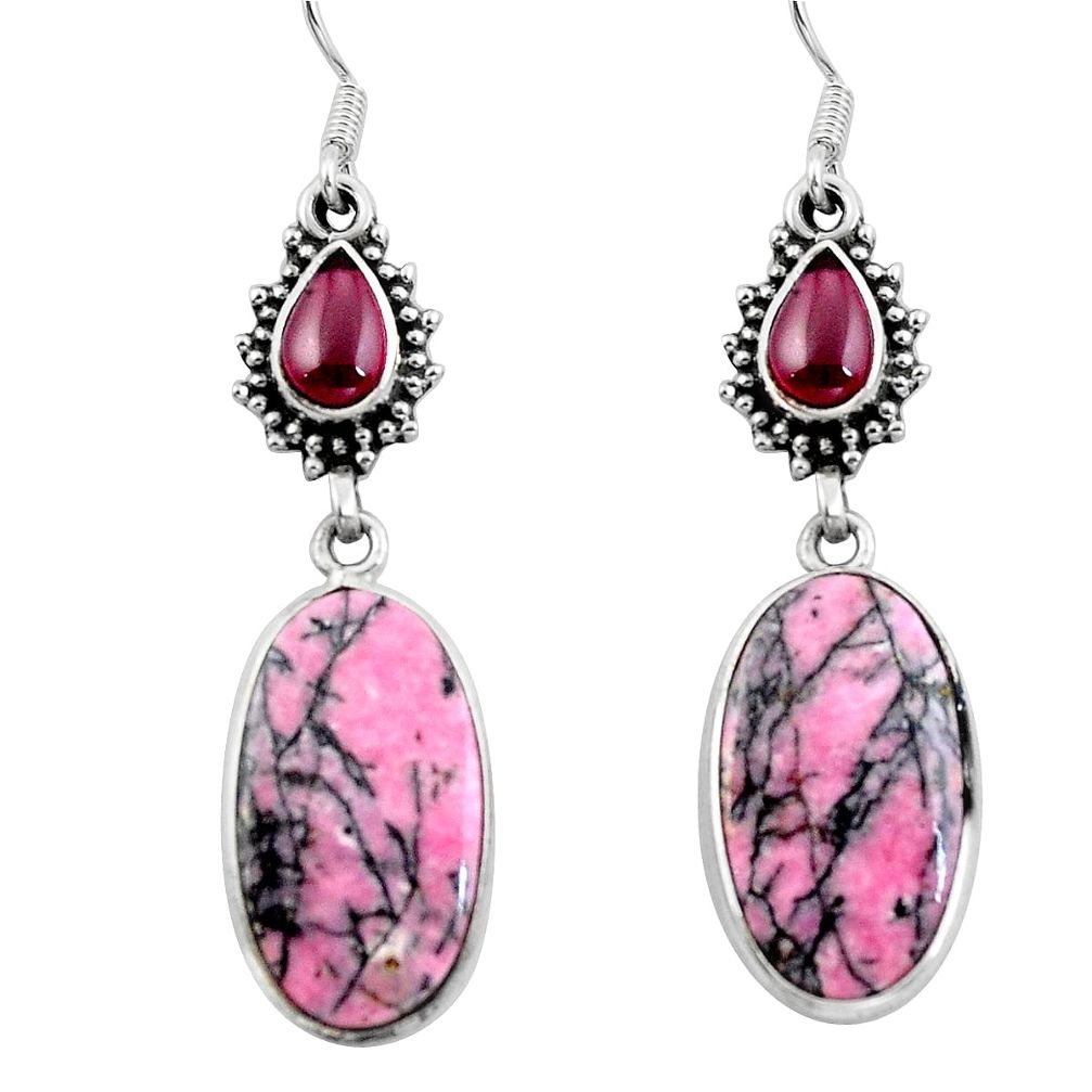 Pink rhodonite in black manganese 925 silver tree of life earrings d29629