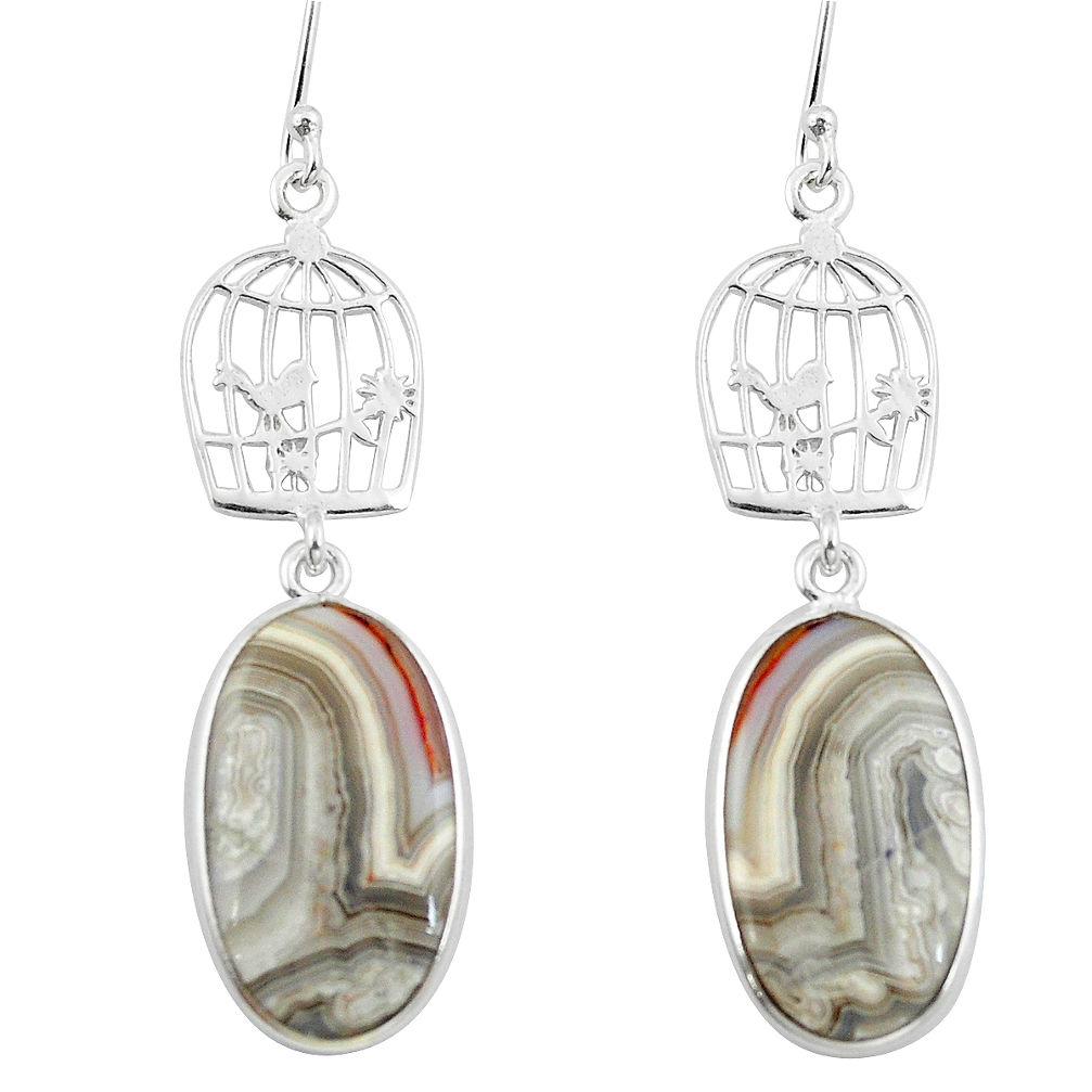 Natural mexican laguna lace agate 925 silver cage charm earrings d29631