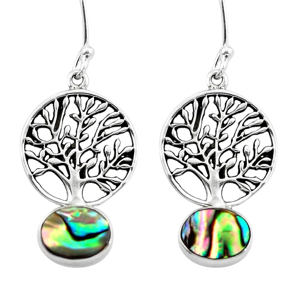 Natural green abalone paua seashell 925 silver tree of life earrings d29636