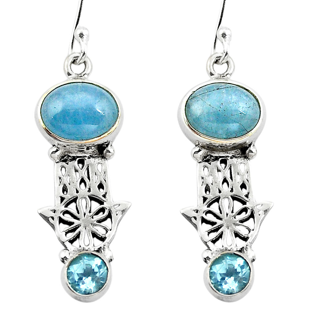 Natural blue aquamarine 925 silver hand of god hamsa earrings d29652