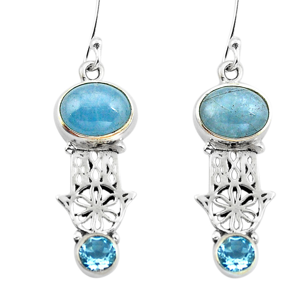 Natural blue aquamarine 925 silver hand of god hamsa earrings d29653