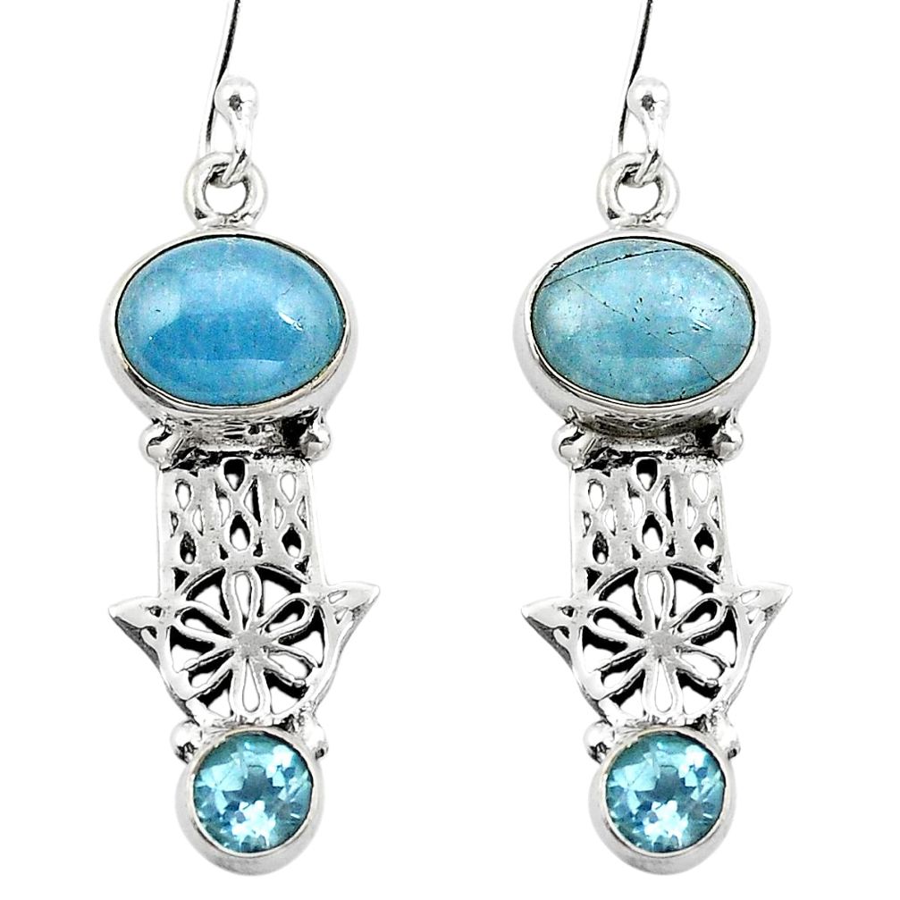 Natural blue aquamarine 925 silver hand of god hamsa earrings d29654