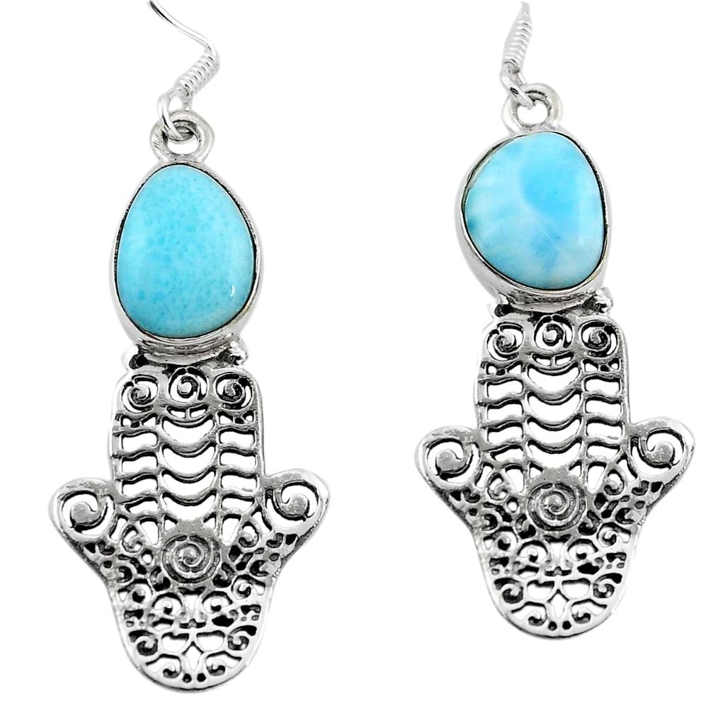 Natural blue larimar 925 silver hand of god hamsa earrings jewelry d29661