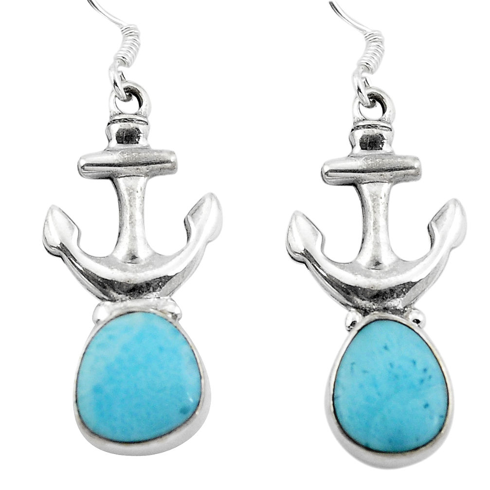 Natural blue larimar 925 sterling silver dangle anchor charm earrings d29664