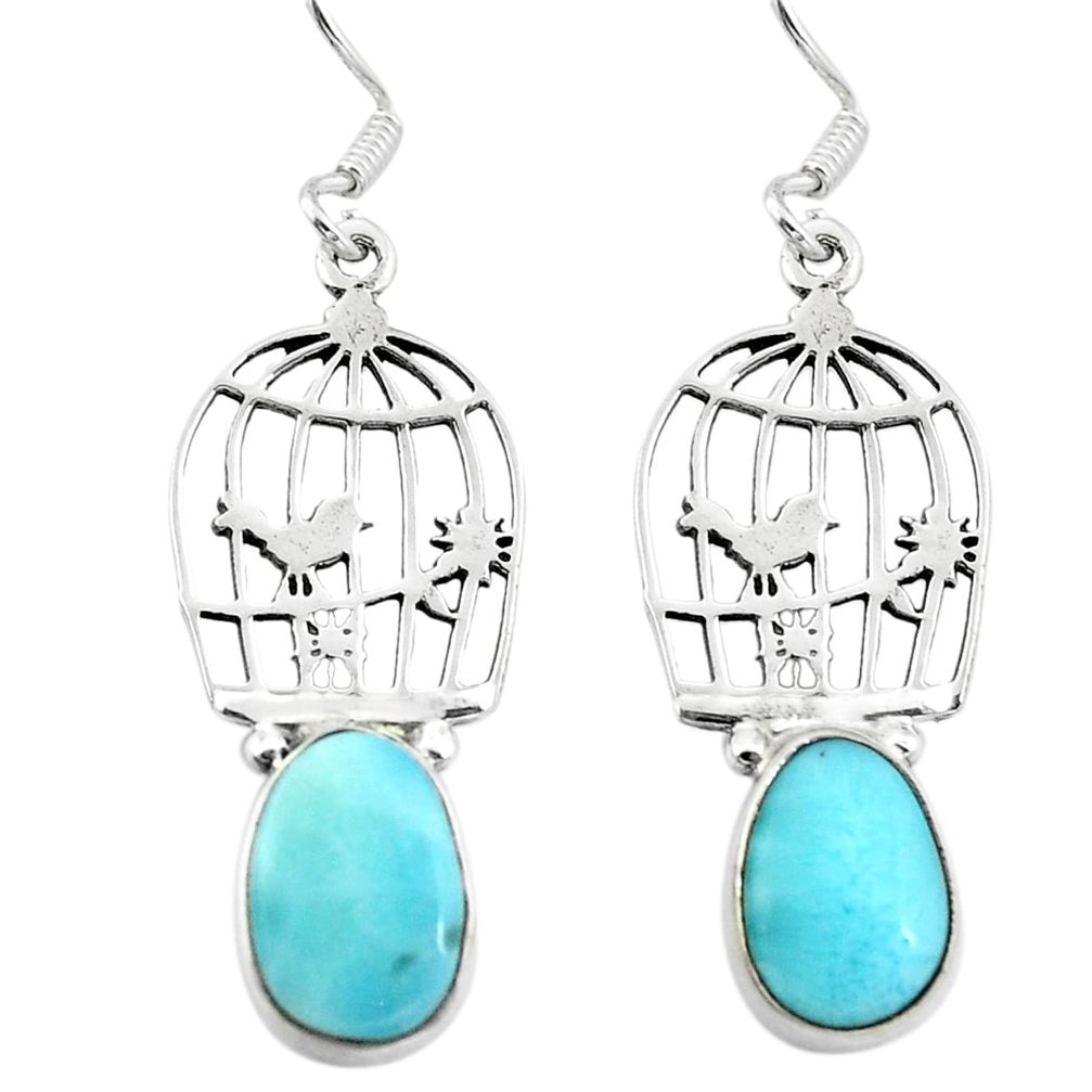 Natural blue larimar 925 sterling silver dangle cage charm earrings d29668