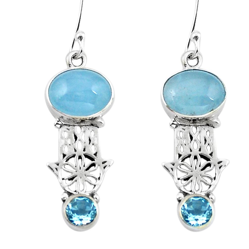 Natural blue aquamarine 925 silver hand of god hamsa earrings d29673