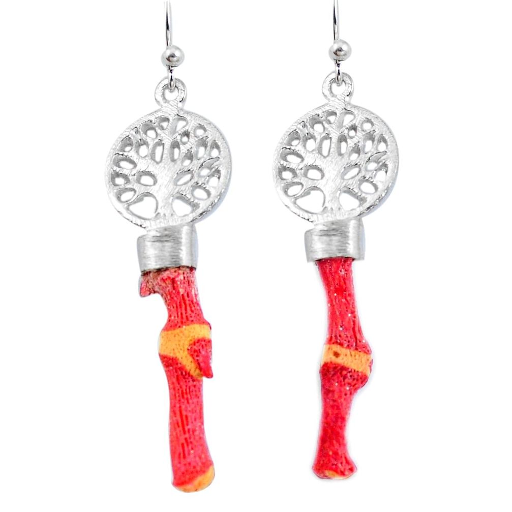 Natural red coral 925 sterling silver tree of life earrings jewelry d29733