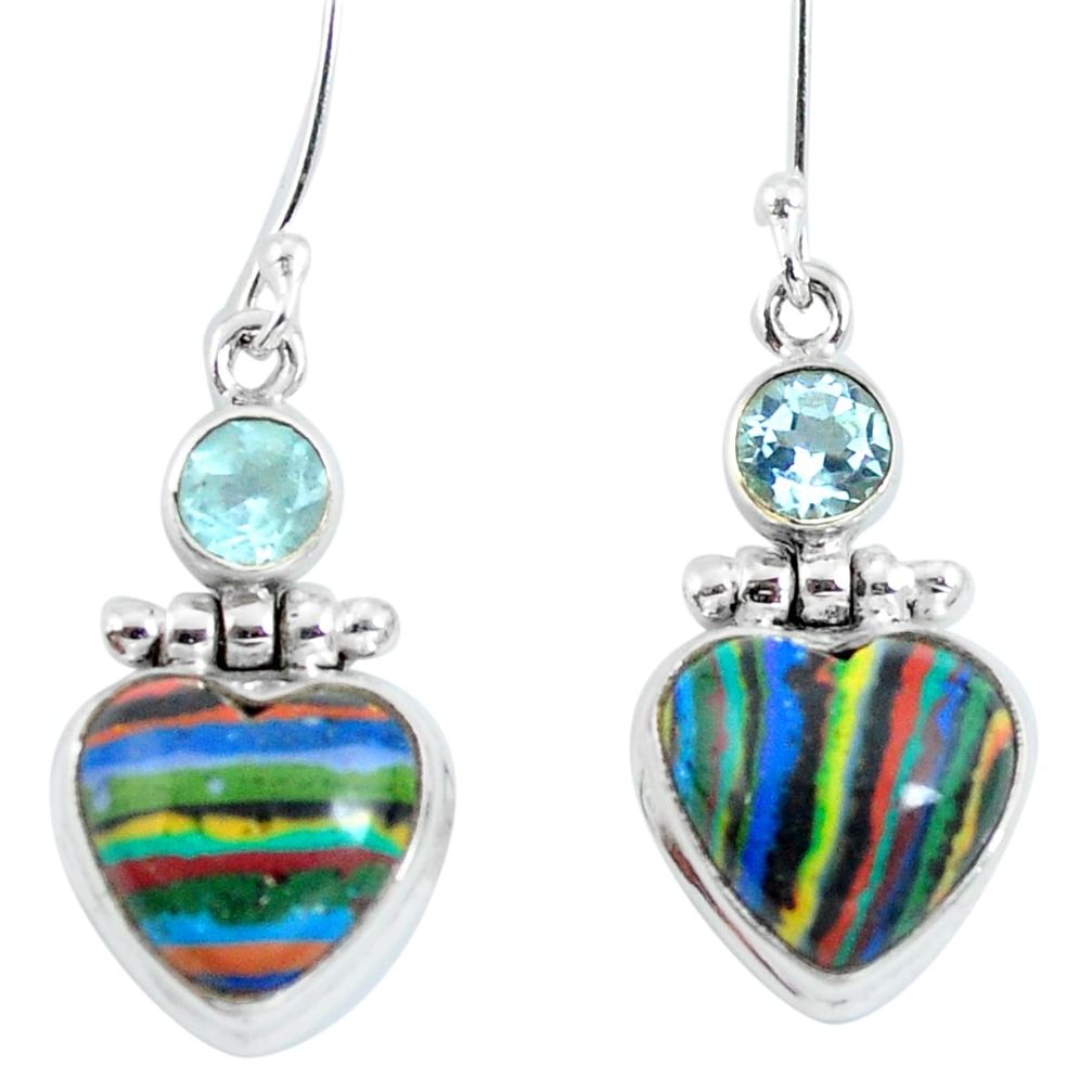 Natural multi color rainbow calsilica 925 silver dangle heart earrings d29753
