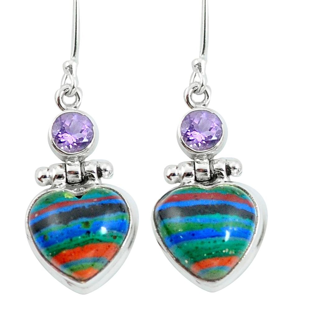 Natural multi color rainbow calsilica heart 925 silver dangle earrings d29761