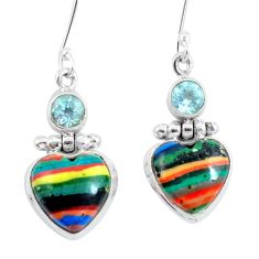 Natural multi color rainbow calsilica heart 925 silver dangle earrings d29763