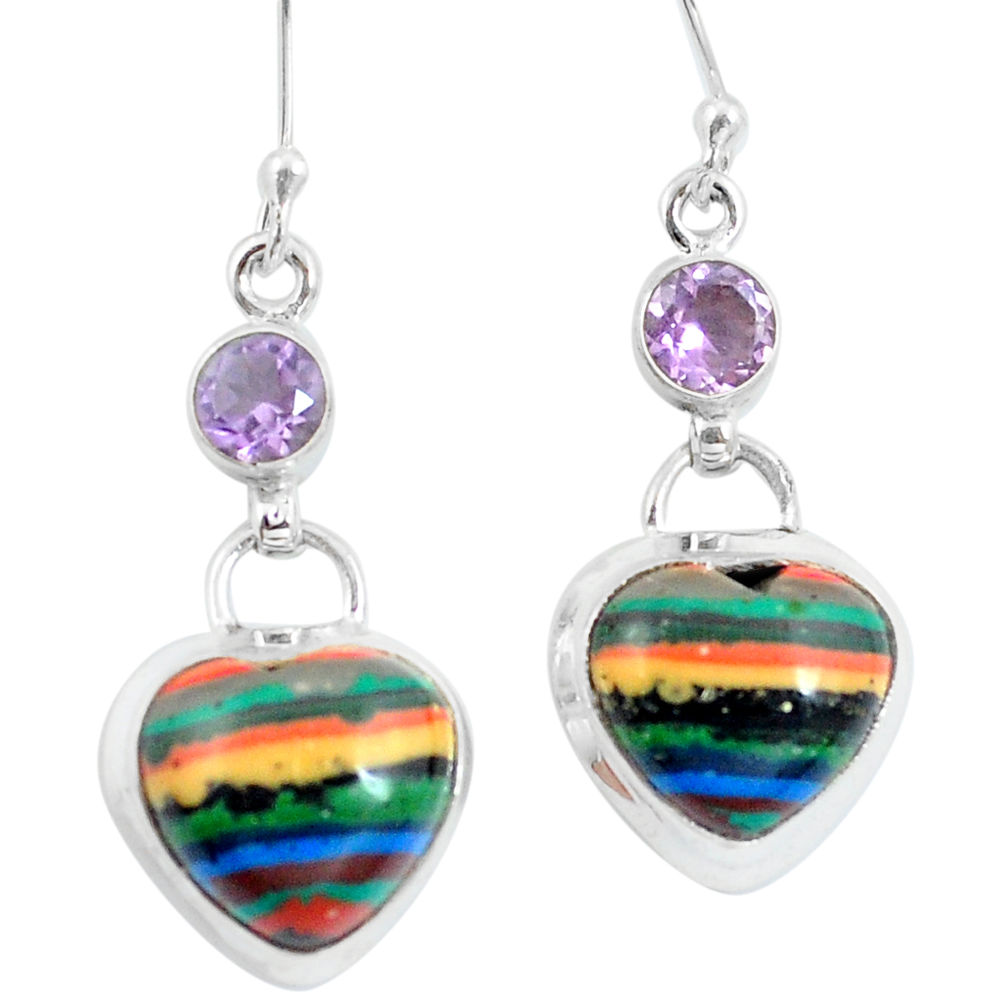 Natural multi color rainbow calsilica heart 925 silver dangle earrings d29768