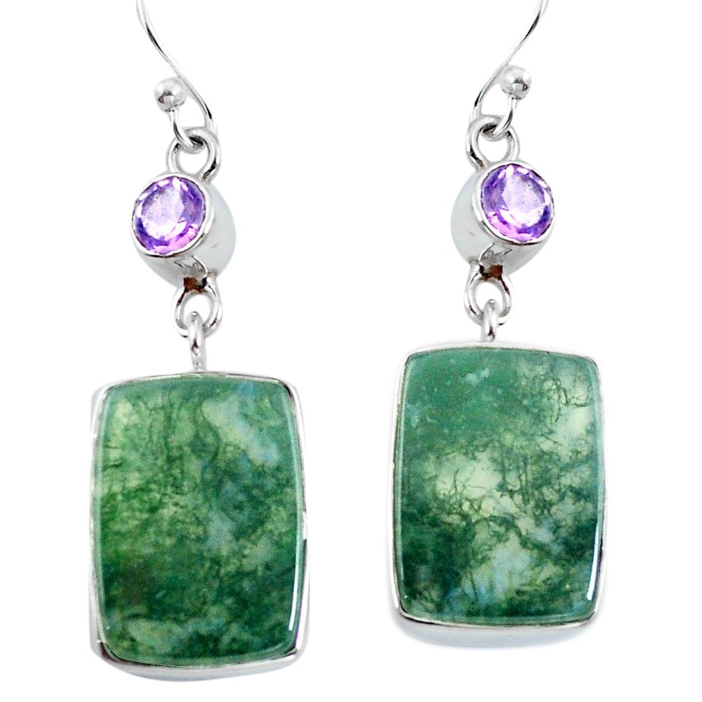 Natural green moss agate amethyst 925 silver dangle earrings d29797