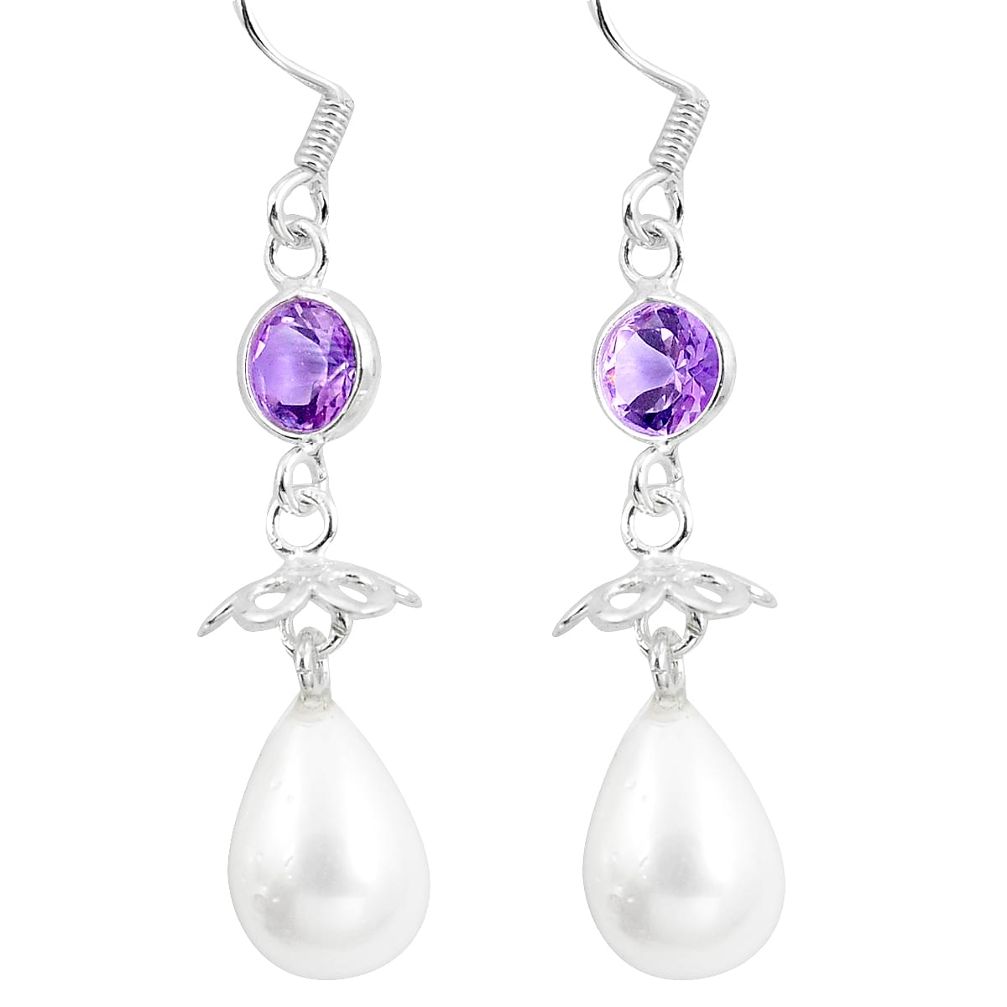 Natural white pearl amethyst 925 sterling silver dangle earrings d29826