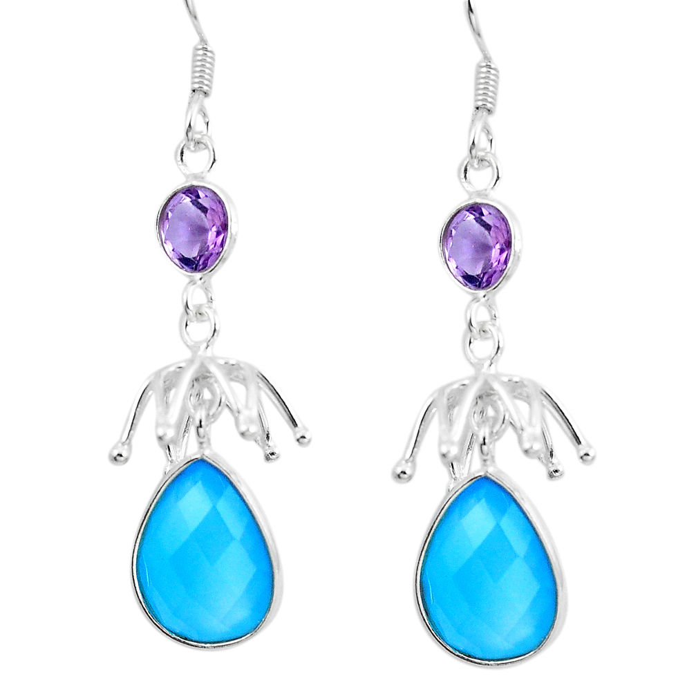 Natural blue chalcedony amethyst 925 silver dangle earrings d29829