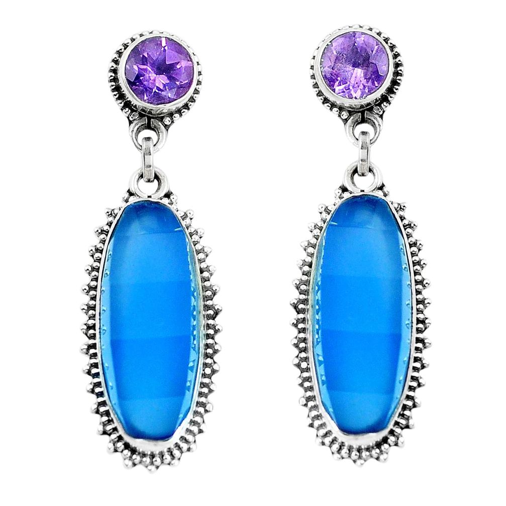 Natural blue chalcedony amethyst 925 silver dangle earrings d29903