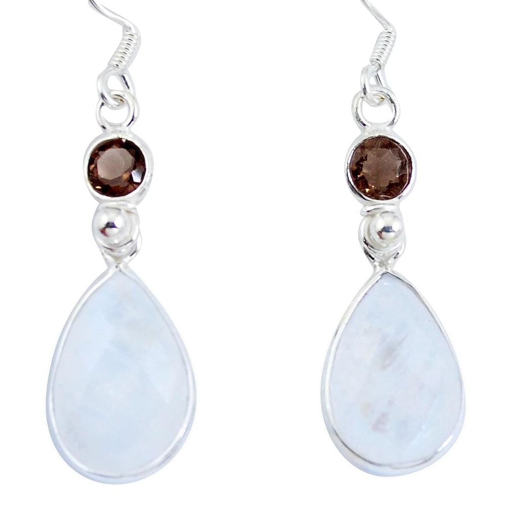 Natural rainbow moonstone smoky topaz 925 silver dangle earrings d29917