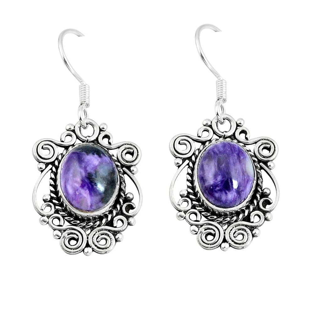 Natural purple charoite (siberian) 925 silver dangle earrings d29938