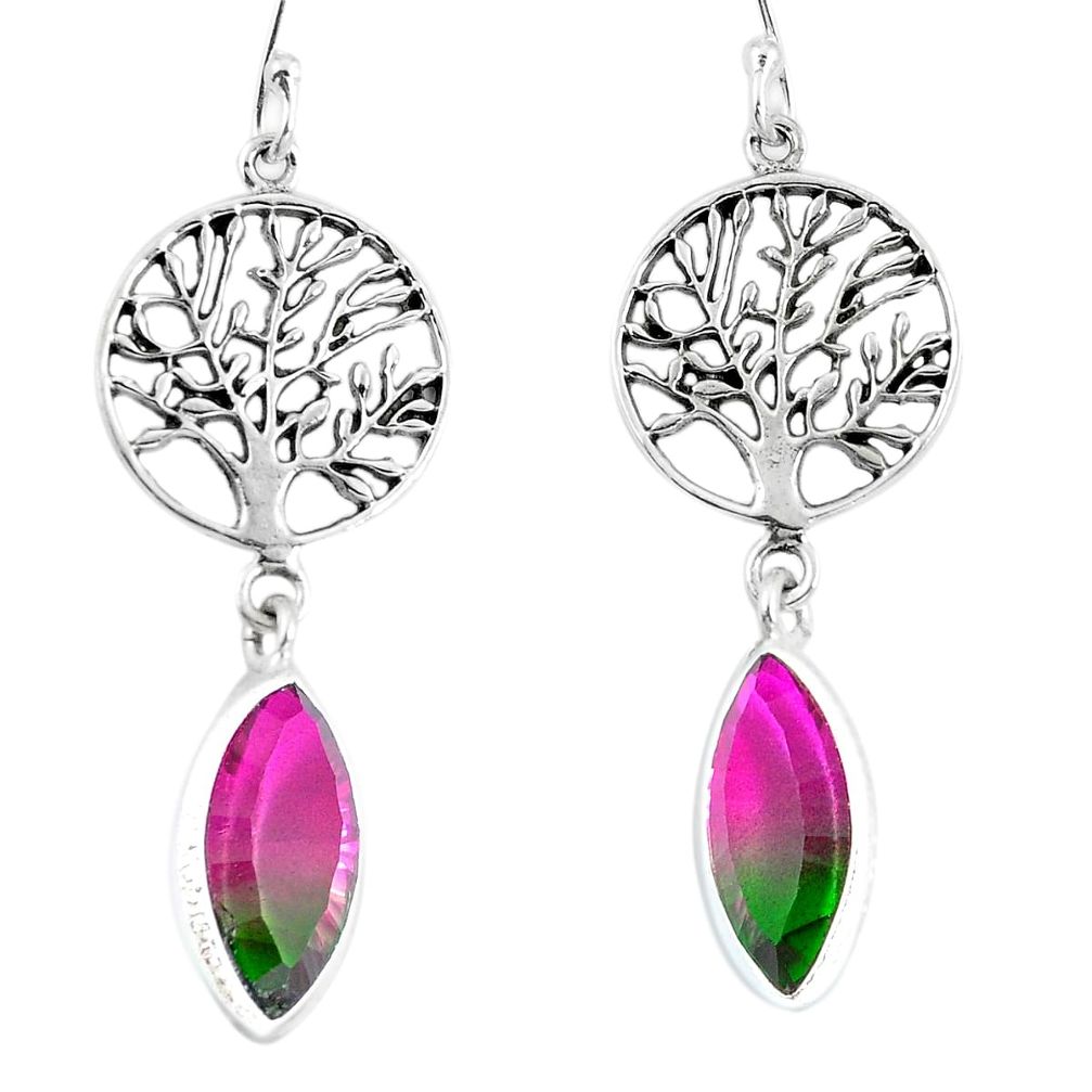 Watermelon tourmaline (lab) 925 silver tree of life earrings d29950