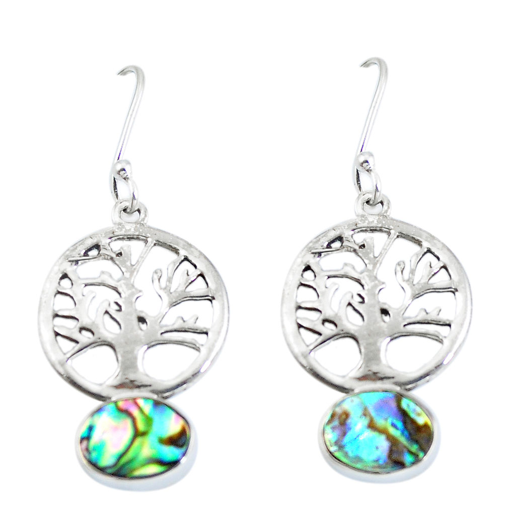 Natural green abalone paua seashell 925 silver tree of life earrings d29974