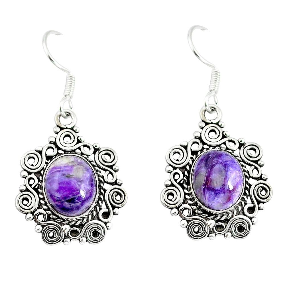 Natural purple charoite (siberian) 925 silver dangle earrings d29991