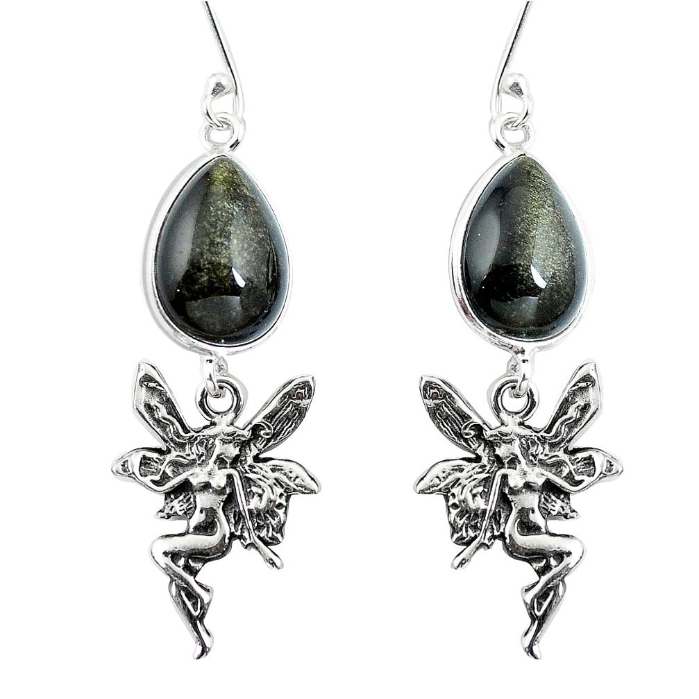 Natural golden sheen black obsidian 925 silver angel wings fairy earrings d30002