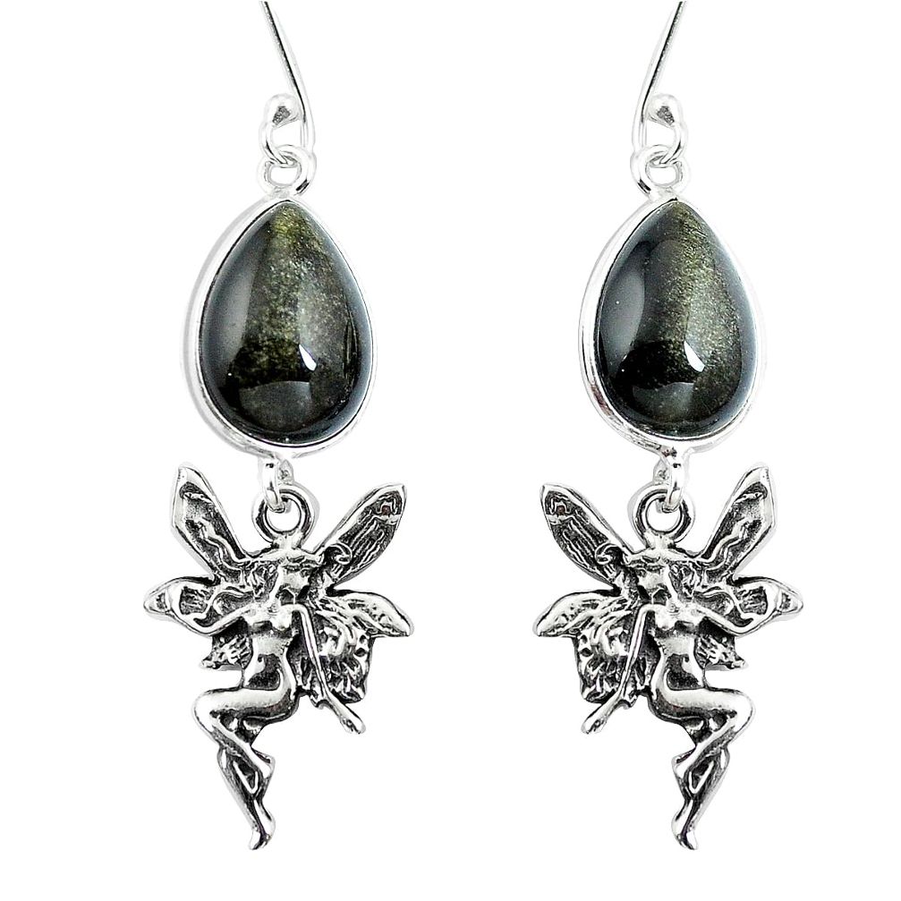 Natural golden sheen black obsidian 925 silver angel wings fairy earrings d30004