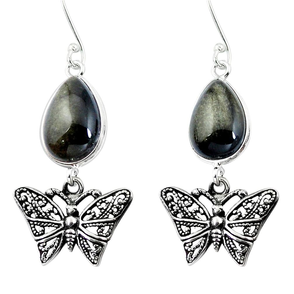 Natural golden sheen black obsidian 925 silver butterfly earrings d30010