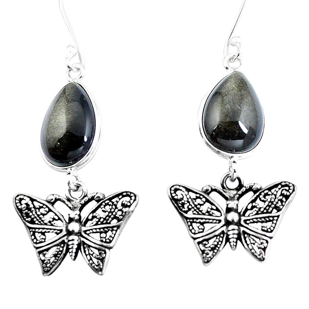 Natural golden sheen black obsidian 925 silver butterfly earrings d30012
