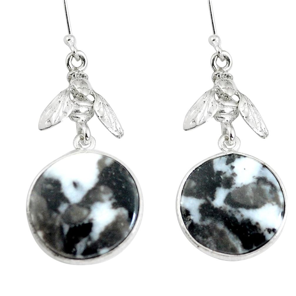 Natural black zebra jasper 925 silver honey bee earrings jewelry d30013