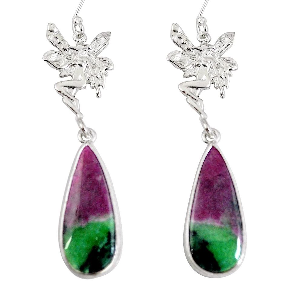 Natural pink ruby zoisite 925 silver angel wings fairy earrings d30014