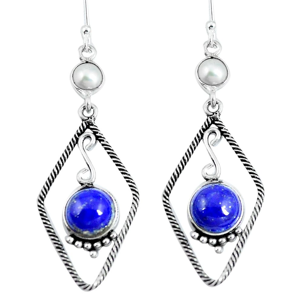 Natural blue lapis lazuli pearl 925 silver dangle earrings d30123