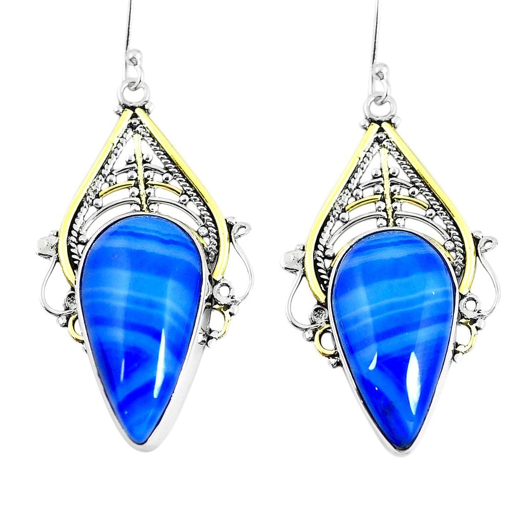 Natural blue botswana agate 925 silver 14k gold dangle earrings d30198