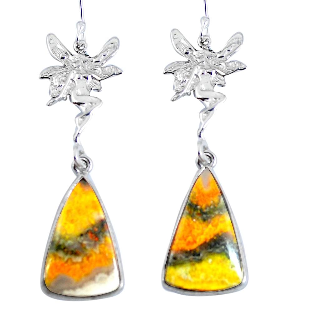 Yellow bumble bee australian jasper 925 silver angel wings fairy earrings d30238