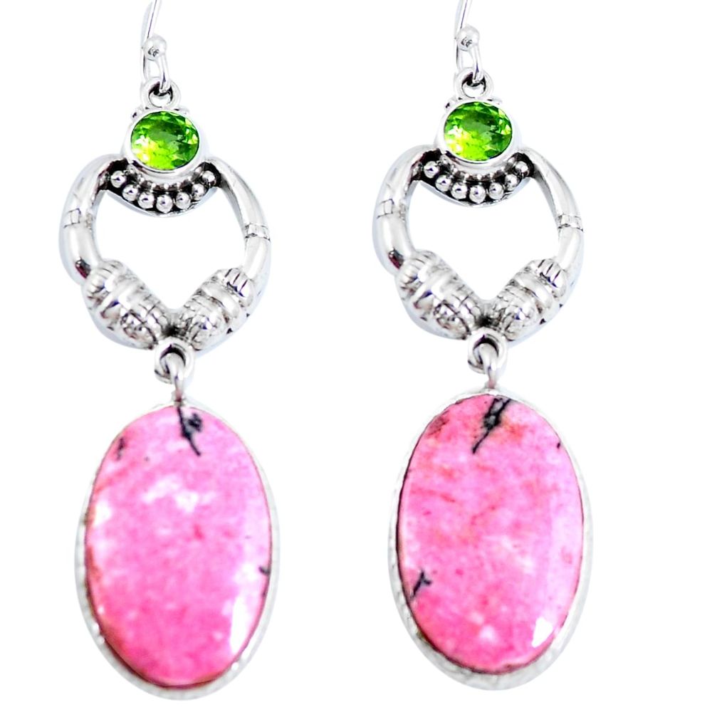 Natural pink rhodonite in black manganese 925 silver dangle earrings d30281