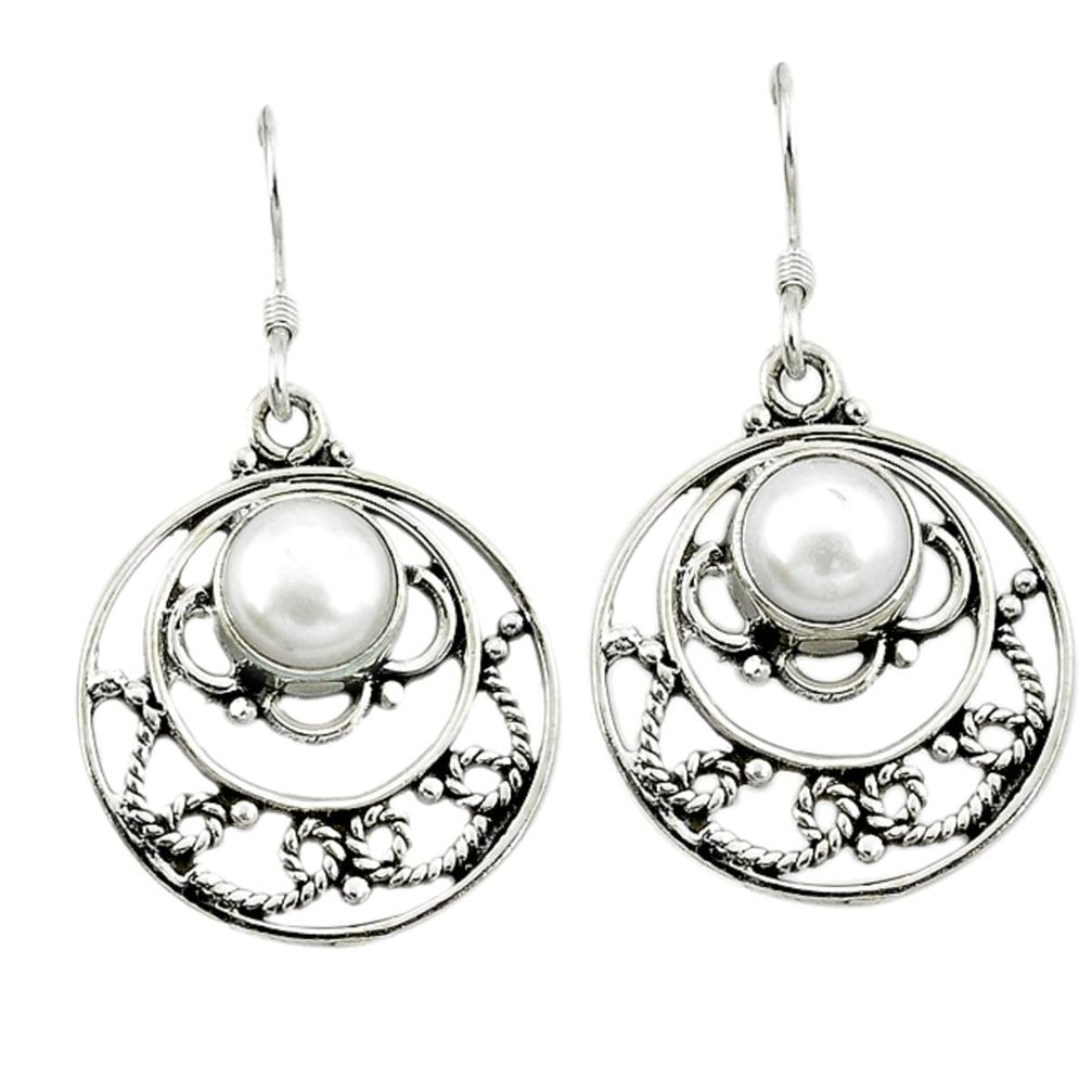 Natural white pearl round 925 sterling silver dangle earrings jewelry d3283