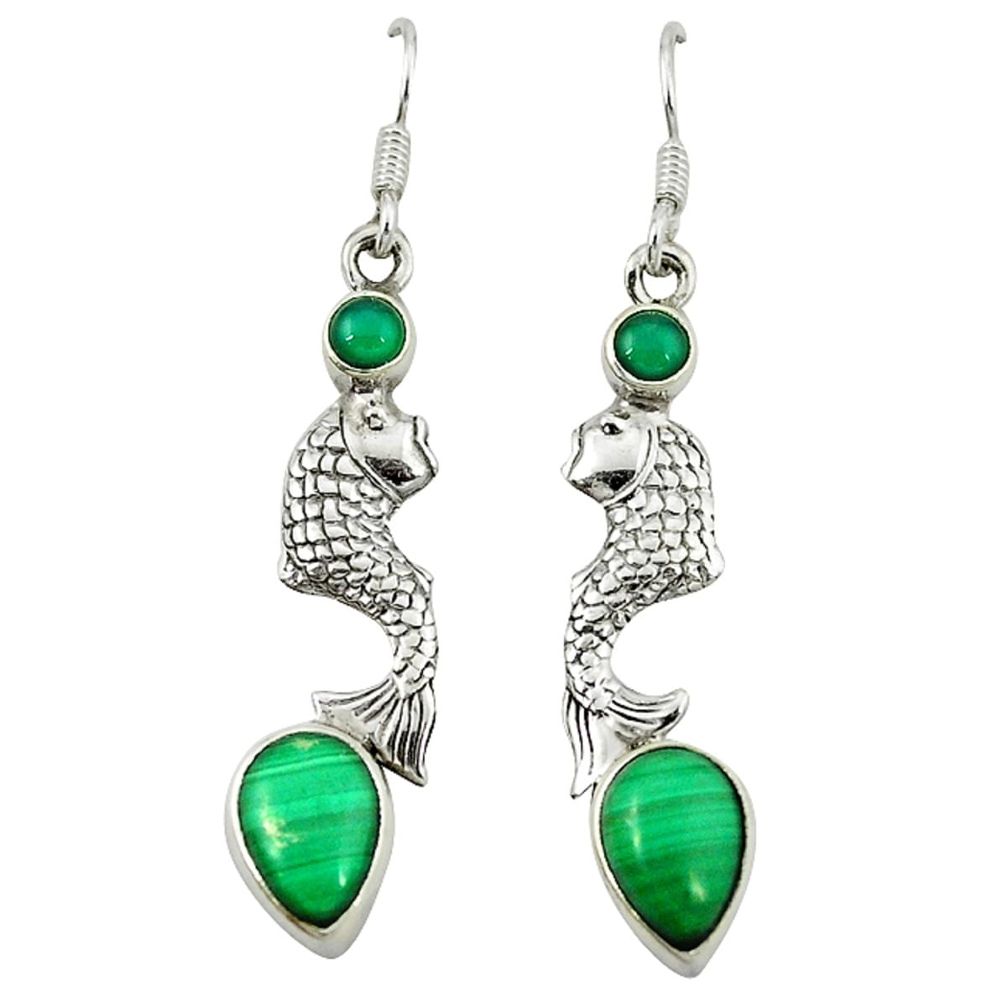 Natural green malachite (pilot's stone) 925 sterling silver fish earrings d3365