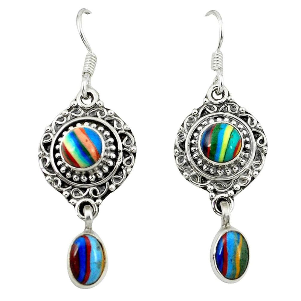 Natural multi color rainbow calsilica 925 sterling silver dangle earrings d3438