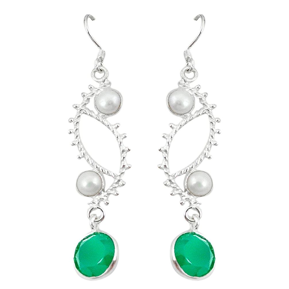 925 sterling silver natural green chalcedony white pearl dangle earrings d3608