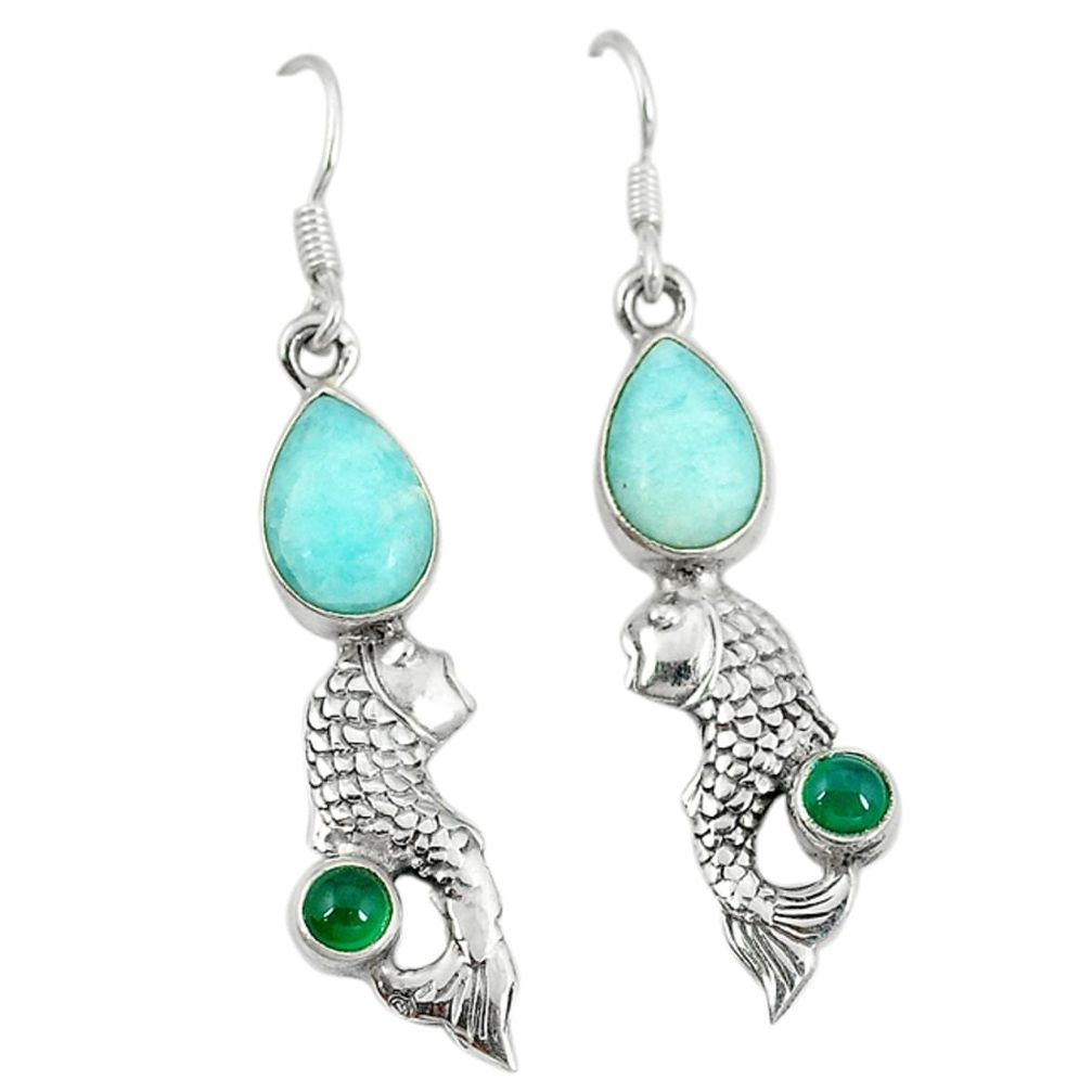 Natural green peruvian amazonite chalcedony 925 silver fish earrings d3614