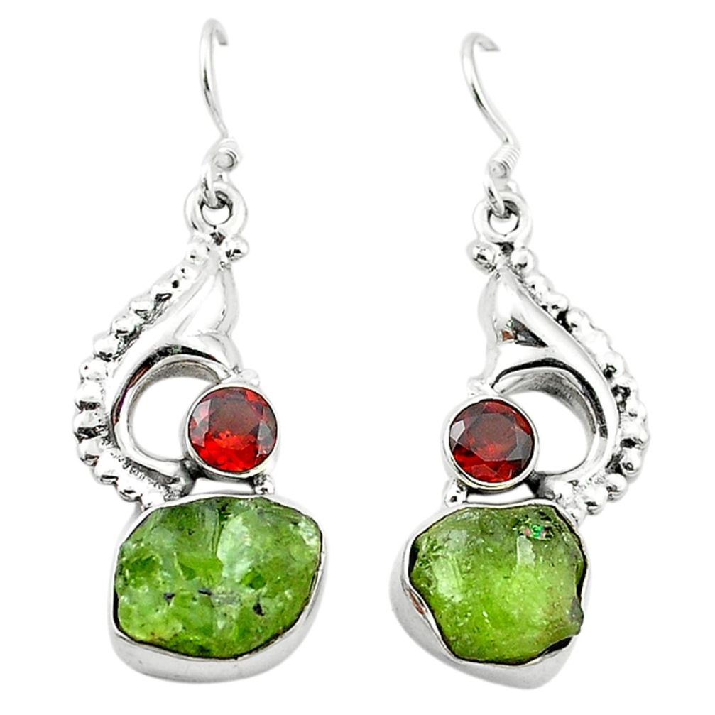 Natural green peridot rough red garnet 925 silver dangle earrings d4525