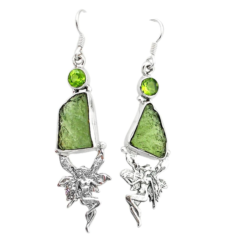 Green moldavite (genuine czech) 925 silver angel wings fairy earrings d4766