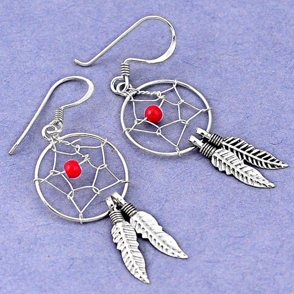 Red coral 925 sterling silver dreamcatcher earrings jewelry d5061