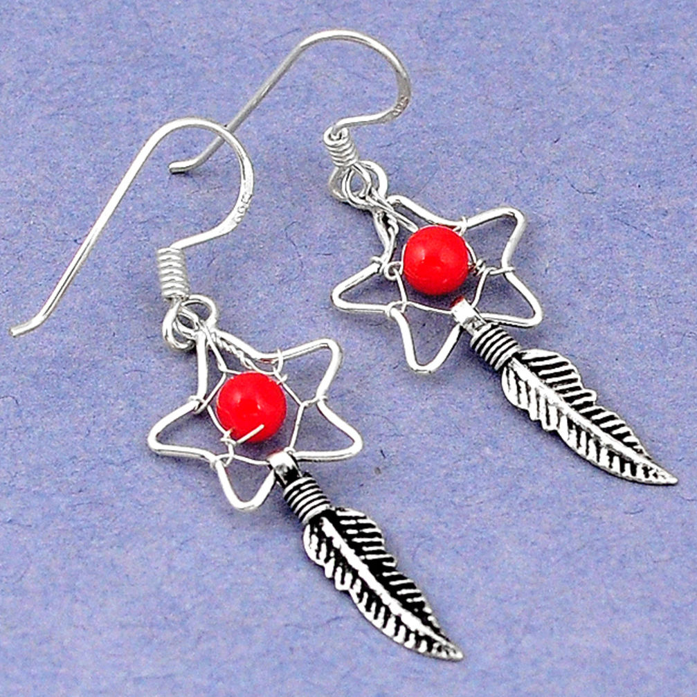 Red coral 925 sterling silver dreamcatcher earrings jewelry d5067