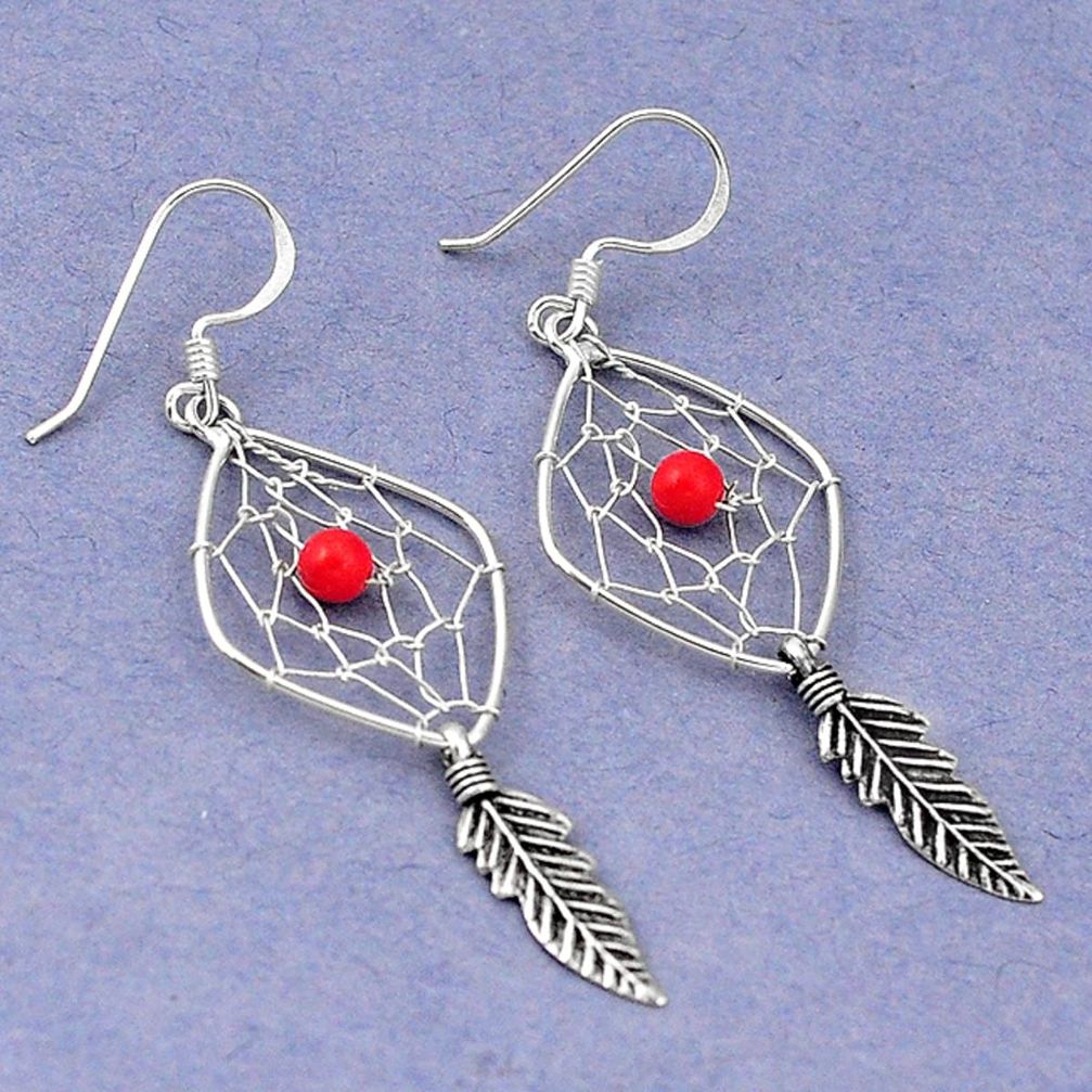 925 sterling silver red coral round dreamcatcher earrings jewelry d5069