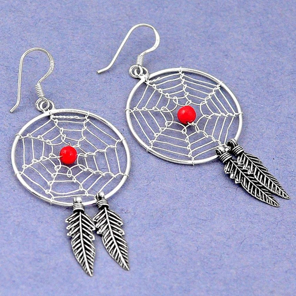 925 sterling silver red coral round dreamcatcher earrings jewelry d5100