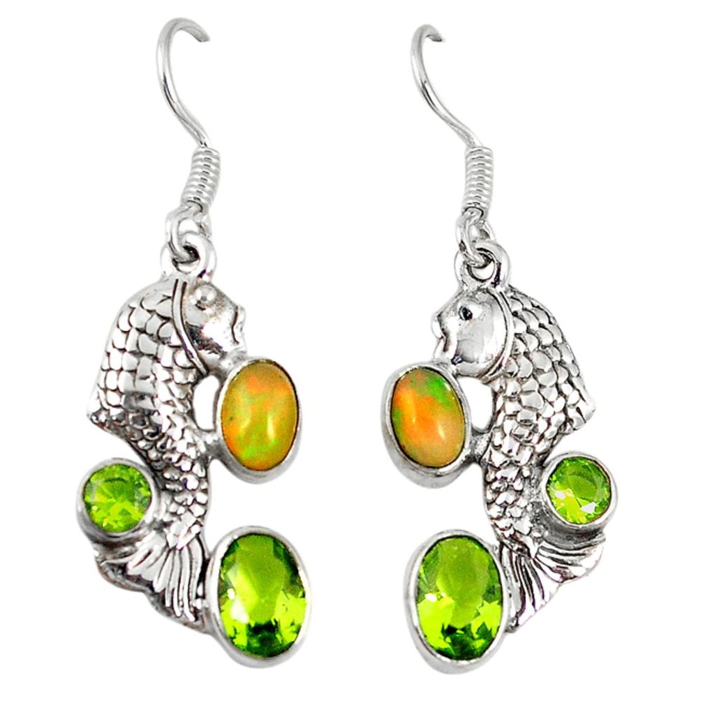 925 silver natural multi color ethiopian opal peridot fish earrings d6454