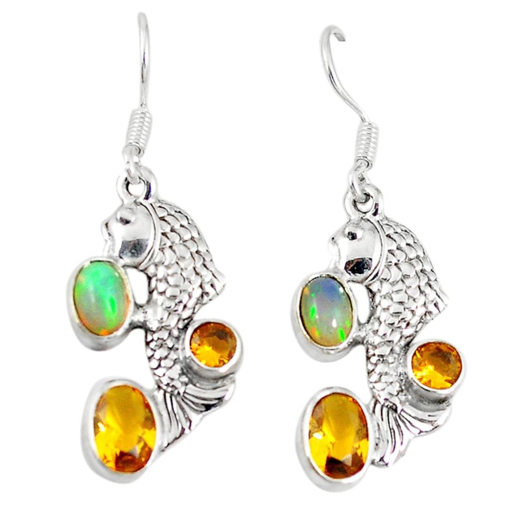 925 silver natural multi color ethiopian opal citrine fish earrings d6460