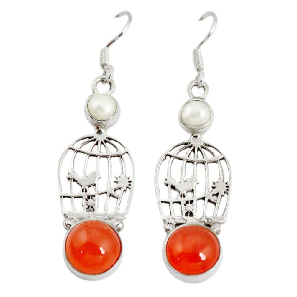 Natural orange cornelian (carnelian) 925 silver dangle cage charm earrings d6548