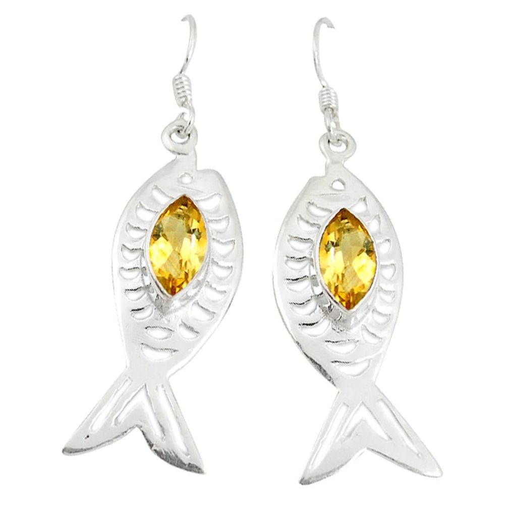 Natural yellow citrine 925 sterling silver dangle fish earrings jewelry d6558